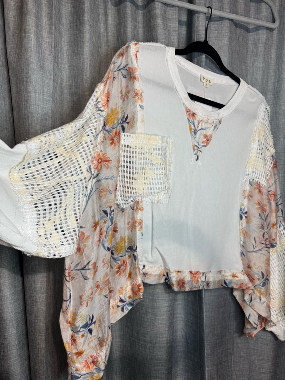 POL White Top with Peach Floral Mesh Sleeves and Crochet Panels